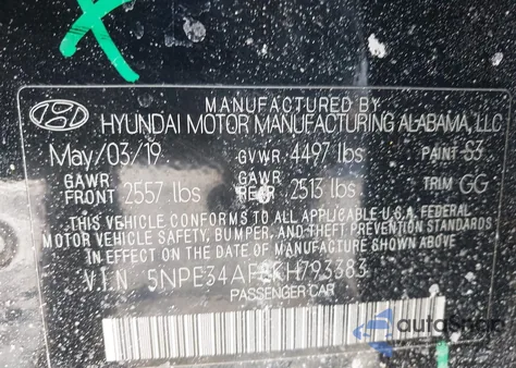 2019 Hyundai Sonata Sel из США, поврежденный, VIN 5NPE34AF8KH793383